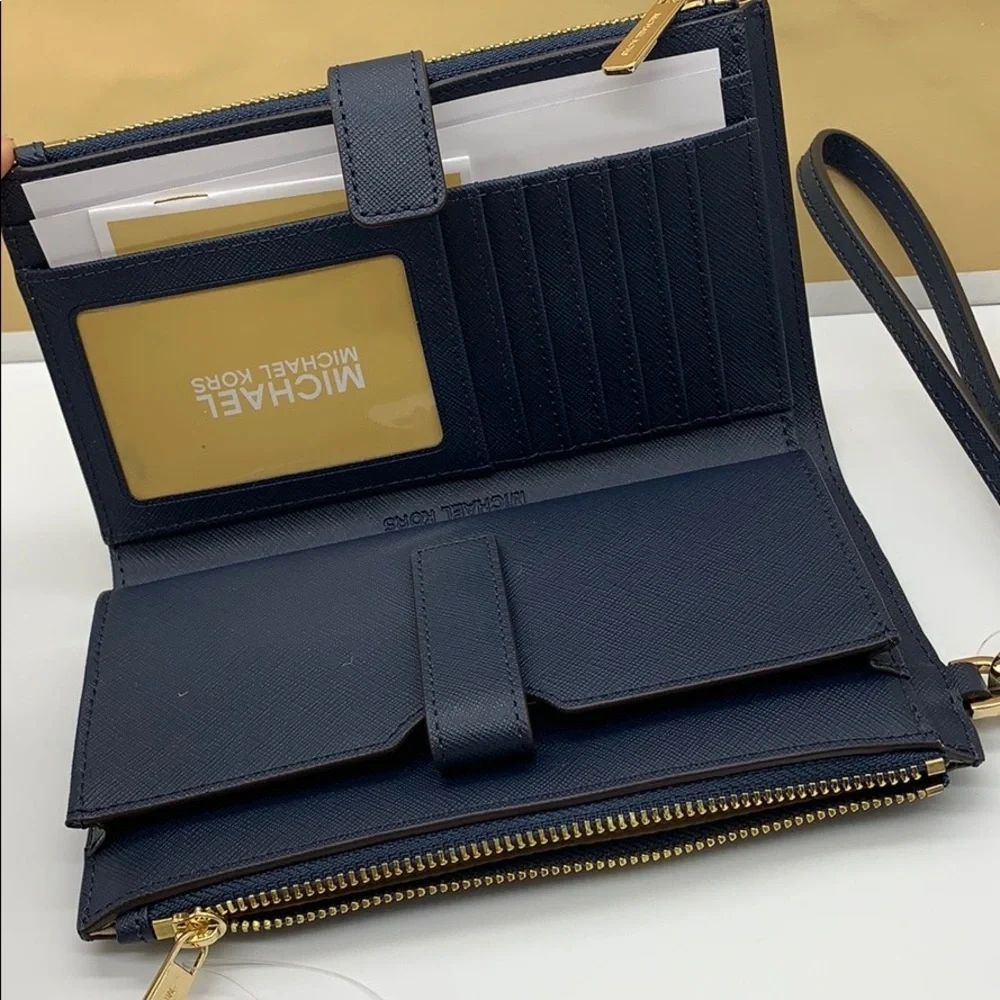 MICHAEL KORS LG DOUBLE ZIP WRISTLET PHONE CASE - wallet Navy NWT - Picture 10 of 16